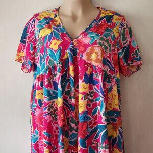 Source Unknown Bright Floral V-Neck Dress in Pink, Yellow, Teal